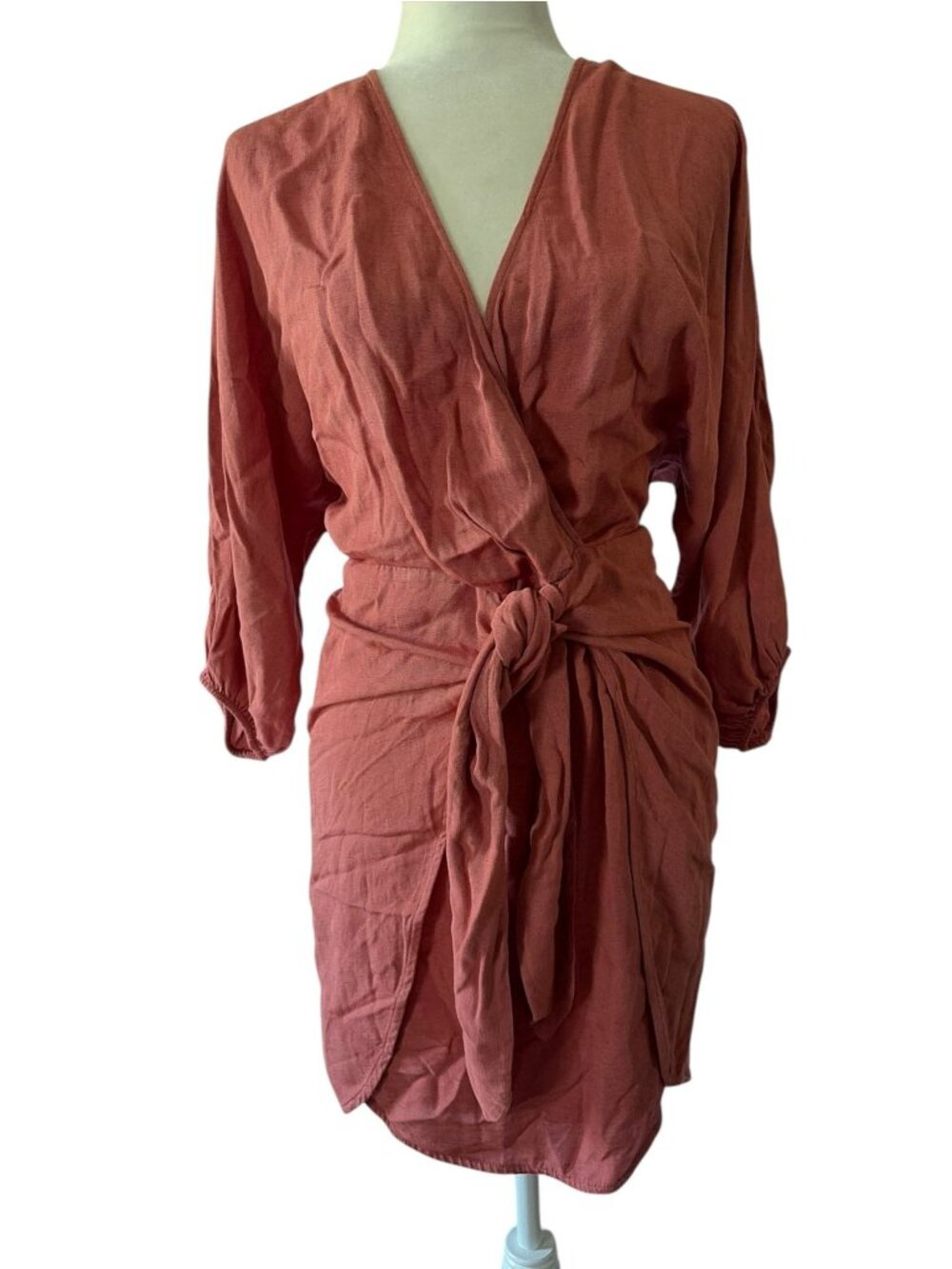 Anthropologie Linen Blend Pink Wrap Dress Open Back Date Night Cocktail Hour SZ